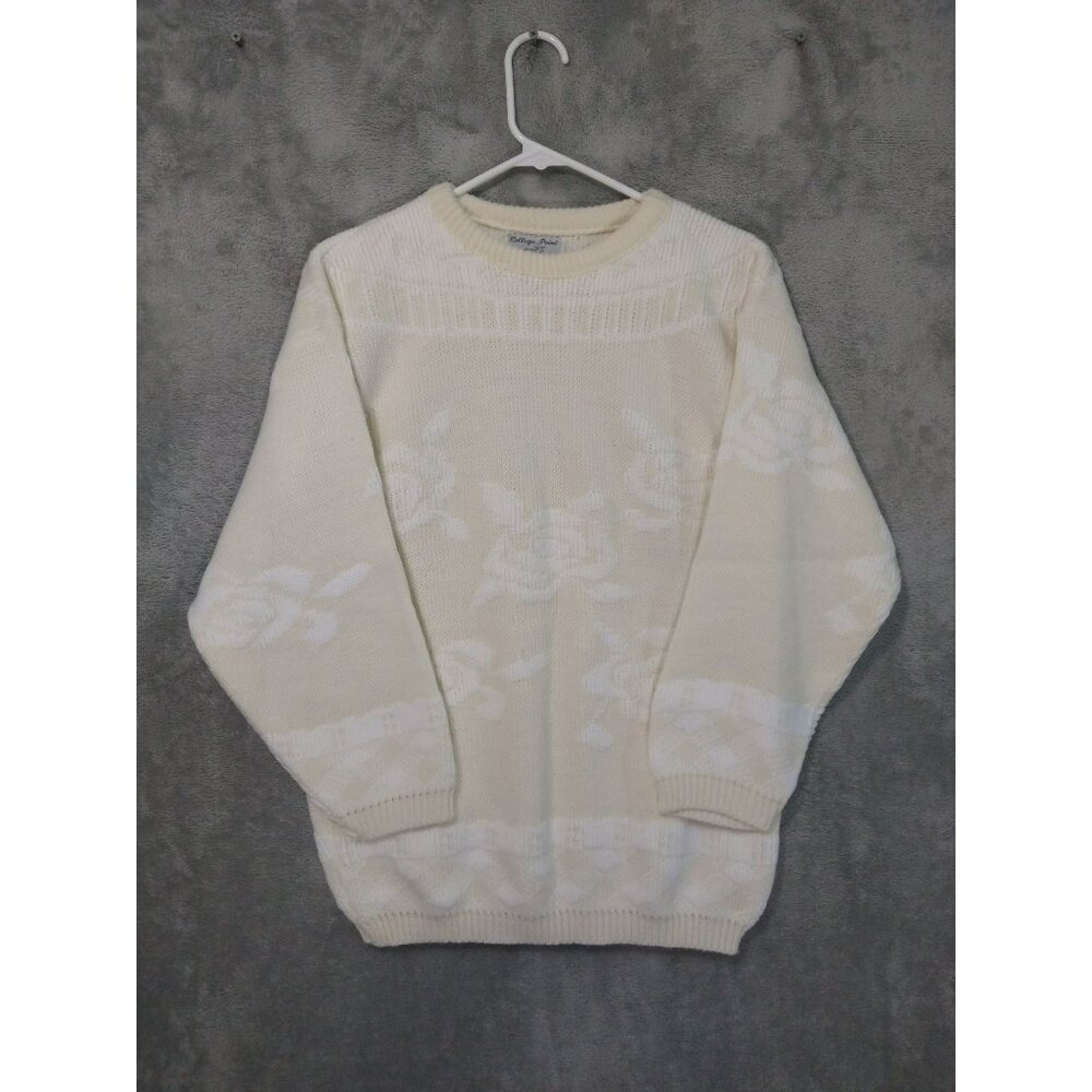 College Point Sweater Womens Large Cream Floral Rose Coquette Grandma Vintage